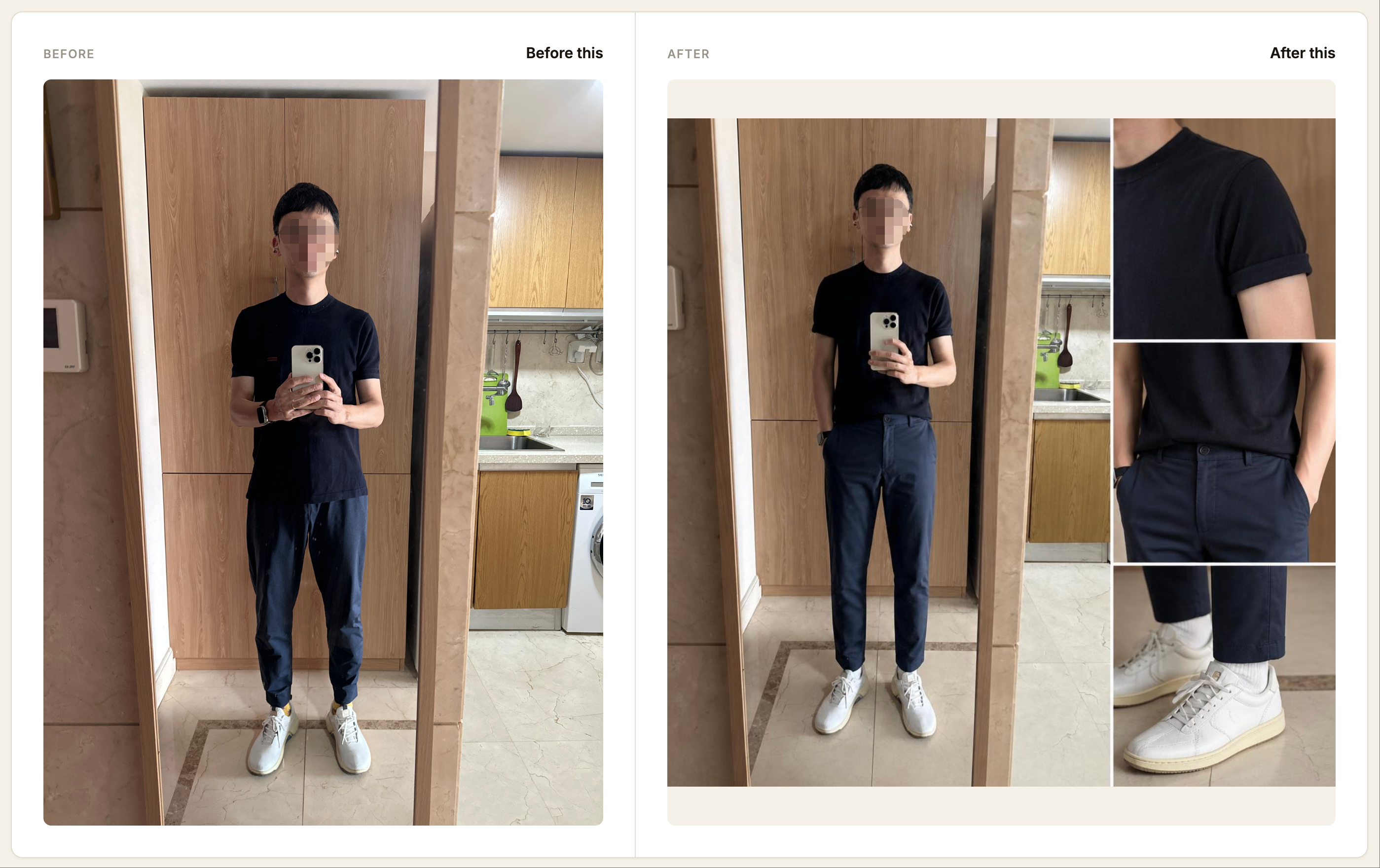Dress Better outfit analysis interface showing outfit guide on the left and full-body mirror preview on the right
